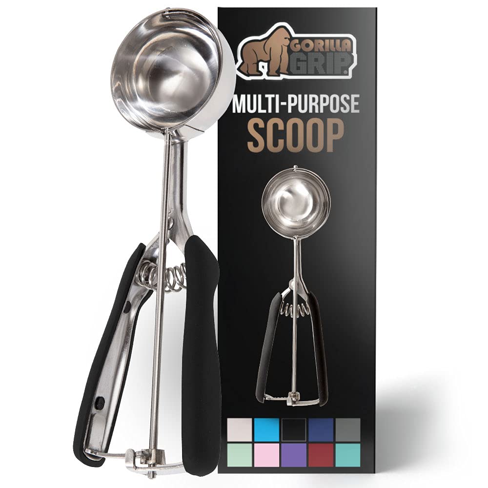 Gorilla Grip Stainless Steel Multipurpose BPA-Free Spring Scoop, 5.3 TBSP, for Melon, Cookie Dough, Ice Cream Scoops, Perfect Portion Sizes, Easy Squeeze and Clean Release, Scooper Size 12, Black