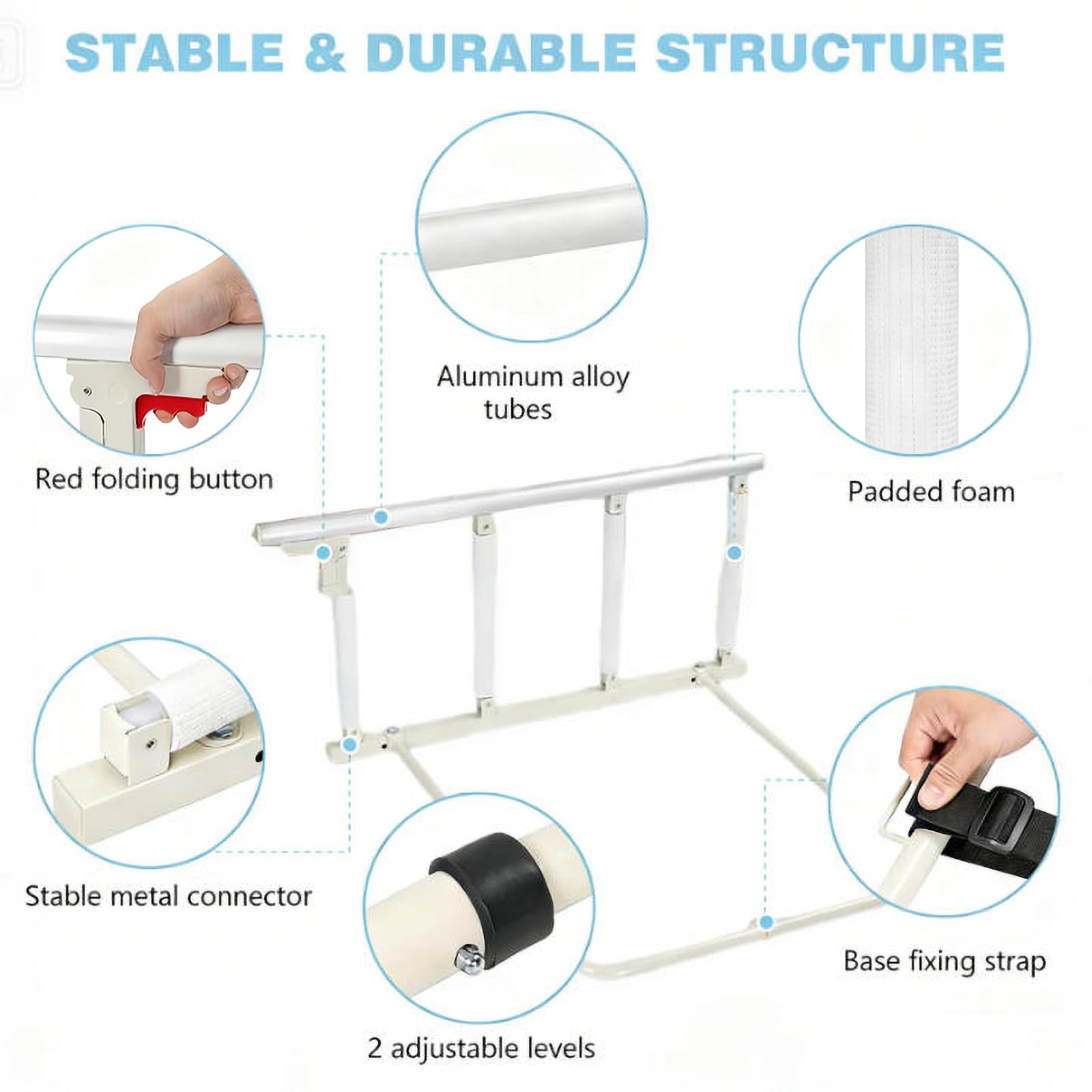 Barrière de Lit Adulte Pliable à 4 Niveaux Réglables en Alliage Aluminium, Barrière de Lit Anti-Chute pour Personnes Âgées, Appui de Chevet Sécurisé pour Maison et EHPAD