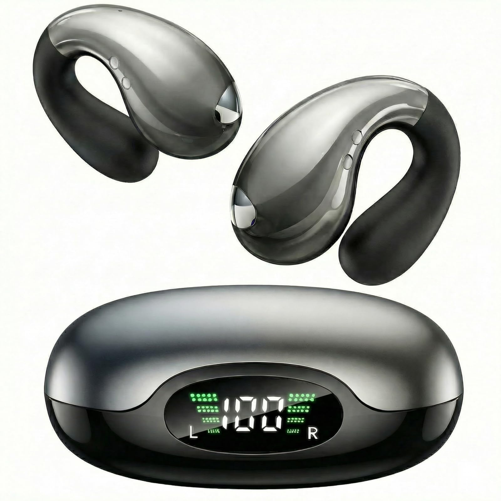 Boytond Ultra Open Ear Earbuds - Ergonomic Clip-On Earbuds, Bone Conduction Over-The-Ear Headphones with Waterproof Design and Secure Fit for Small Ears, Mirror Black