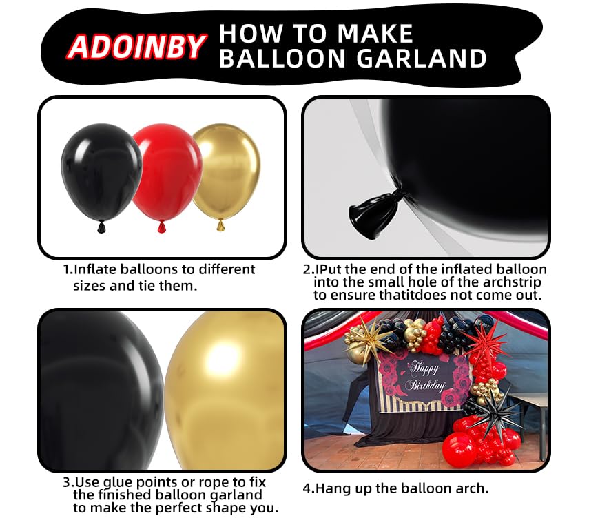 Red and Black Gold Balloon Arch Kit, 140Pcs Explosion Star Black and Red Metallic Gold Balloons 22 18 12 10 5 Inch Different Size Balloons for Birthday Casino Night Movie Night Decorations - Image 4