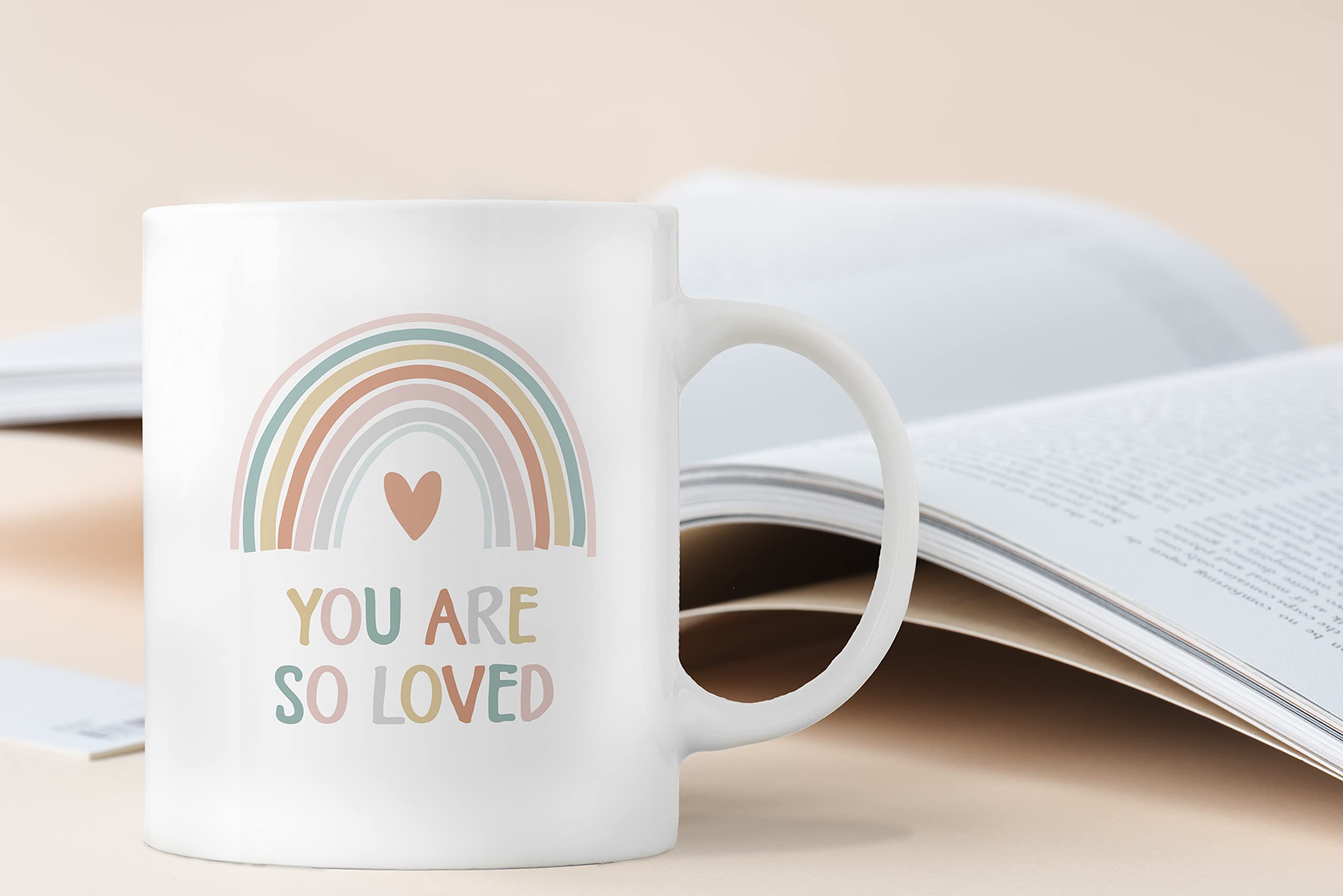 QASHWEY You Are So Loved Rainbow Coffee Mugs Mug, Inspirational Gifts for Women Girls Kids Wife Her Sister Mom Girlfriend, Birthday Gift Double Side Printed Ceramic Mug Cup 11 Ounce