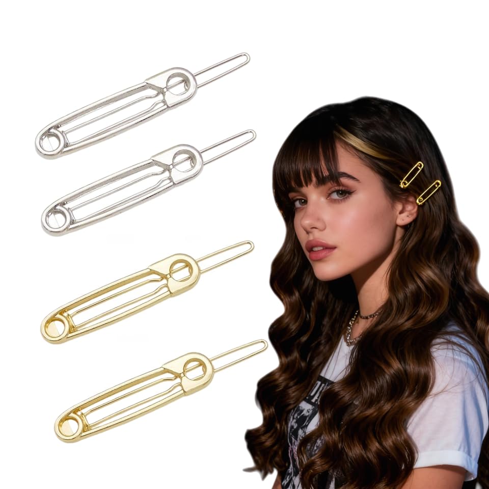 Unique Pin-Shaped Metal Hair Clips Set-Goth Safety Pin Barrettes for Bangs, Side Hair,4Pcs Silver&Gold Hairpins for Women| Trendy Minimalist Head Accessories for Daily Outfit&Special Gifts for Her