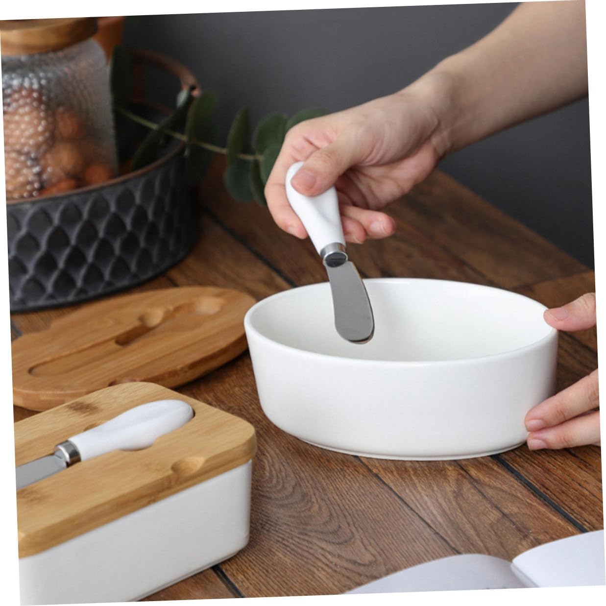 Uonlytech Ceramic Butter Dish with Lid and Butter Slicer for Cheese Preservation Nordic Style for Kitchen and Dining