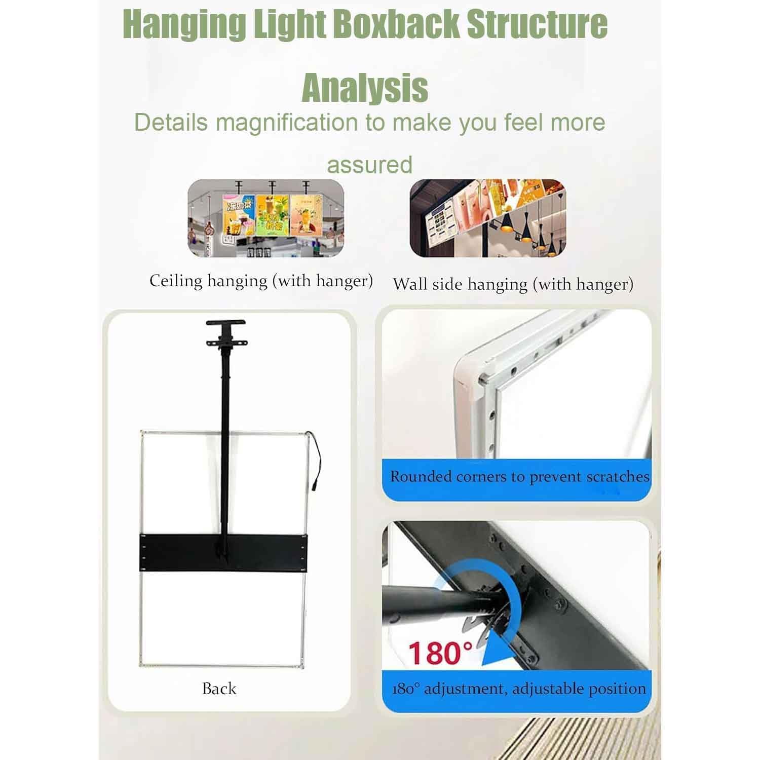 Cadre d'affiche lumineux, cadre en aluminium à suspendre réglable, tableau de menu rétroéclairé à LED ultra fin pour restaurant, café, affiche et menu publicitaire