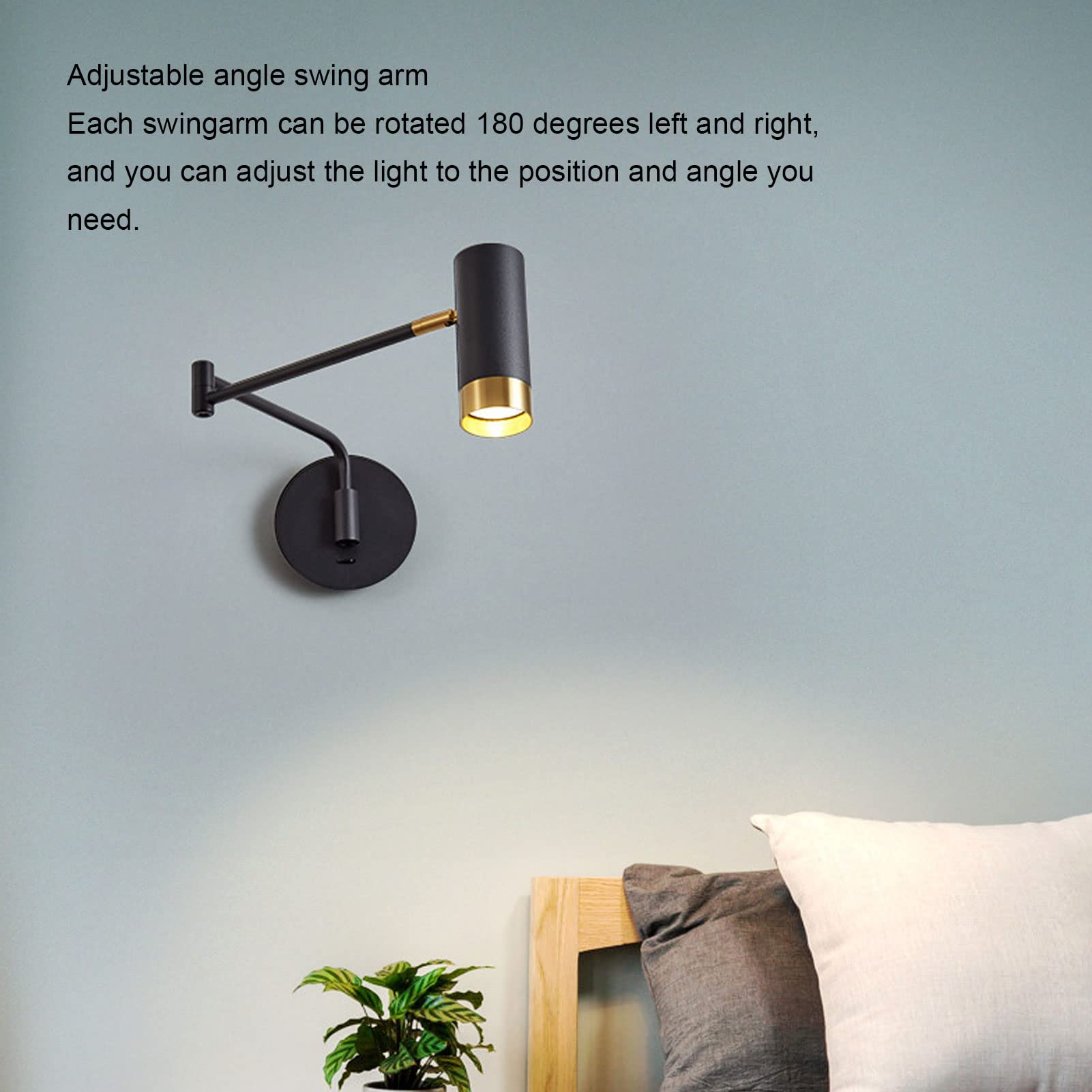 Wandleuchte Mit Schwenkarm Für Schlafzimmer, an Der Wand Montierte Nachttischlampen Mit Verstellbaren Schwenkarmen, Industrielle Leseleuchte aus Metall, Wandmontage Für Nachttisch, Schlafzimmer, Wohnz