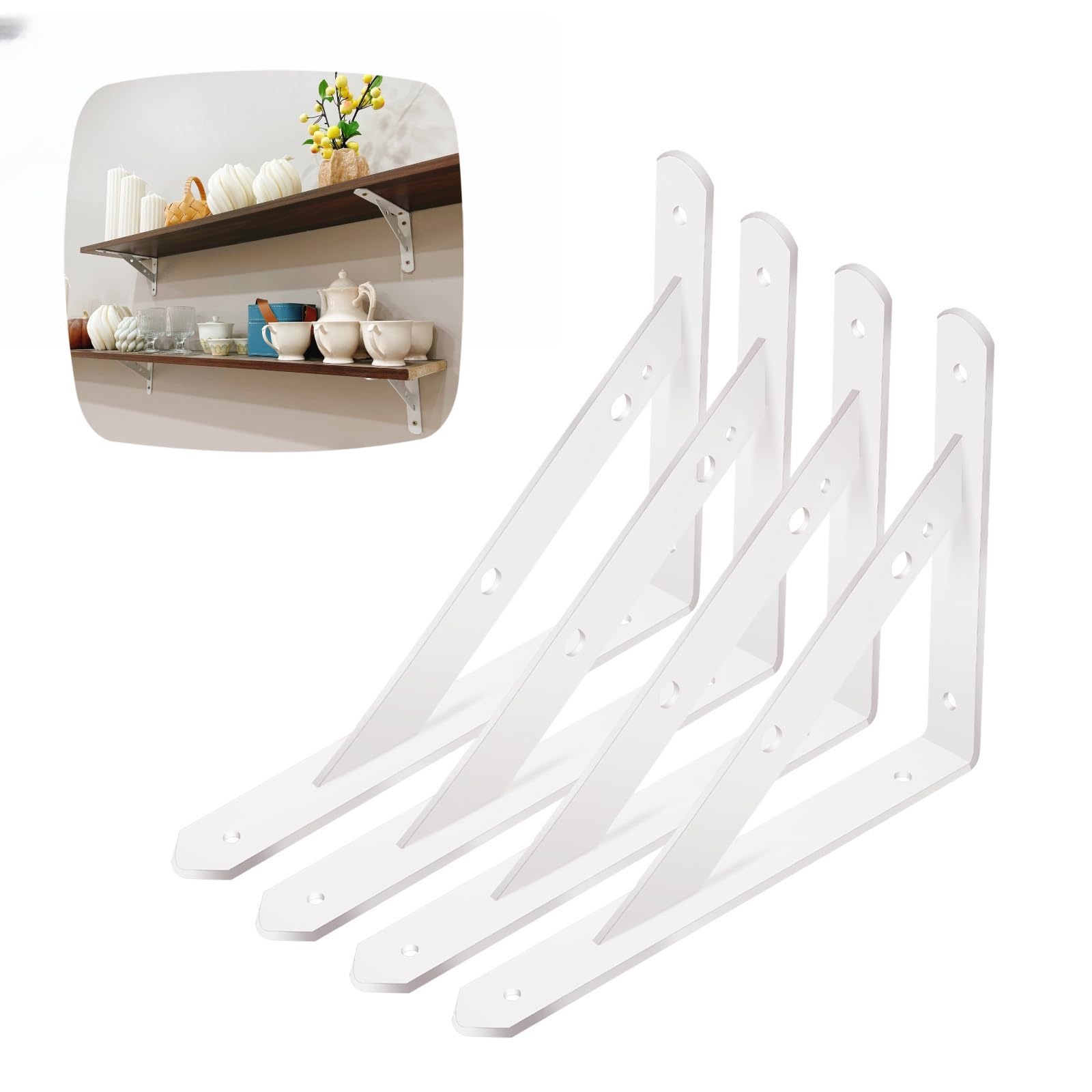 Hyznengu Shelf Brackets Heavy Duty, 4 Pack White 10 inch Floating Shelf Bracket, Max Load 300 lbs of Metal Triangle Decorative Shelf Support Brackets