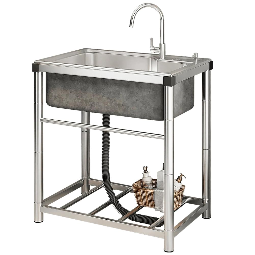 Plonge INOX 1 Bac Professionnel Évier De Cuisine sur Pied Commercial avec Robinet d'eau Chaude Et Froide, Étagère De Rangement 1.0mm Évier Utilitaire pour Buanderie,Garage,50 * 37 * 75cm