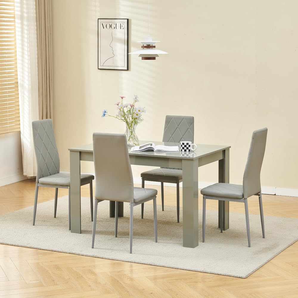 Menaka Grey High Glossing Wood Dining Table and Leather Chairs Set of 4, Small Rectangular Kitchen Dinner Table with 4 Seaters — image 1