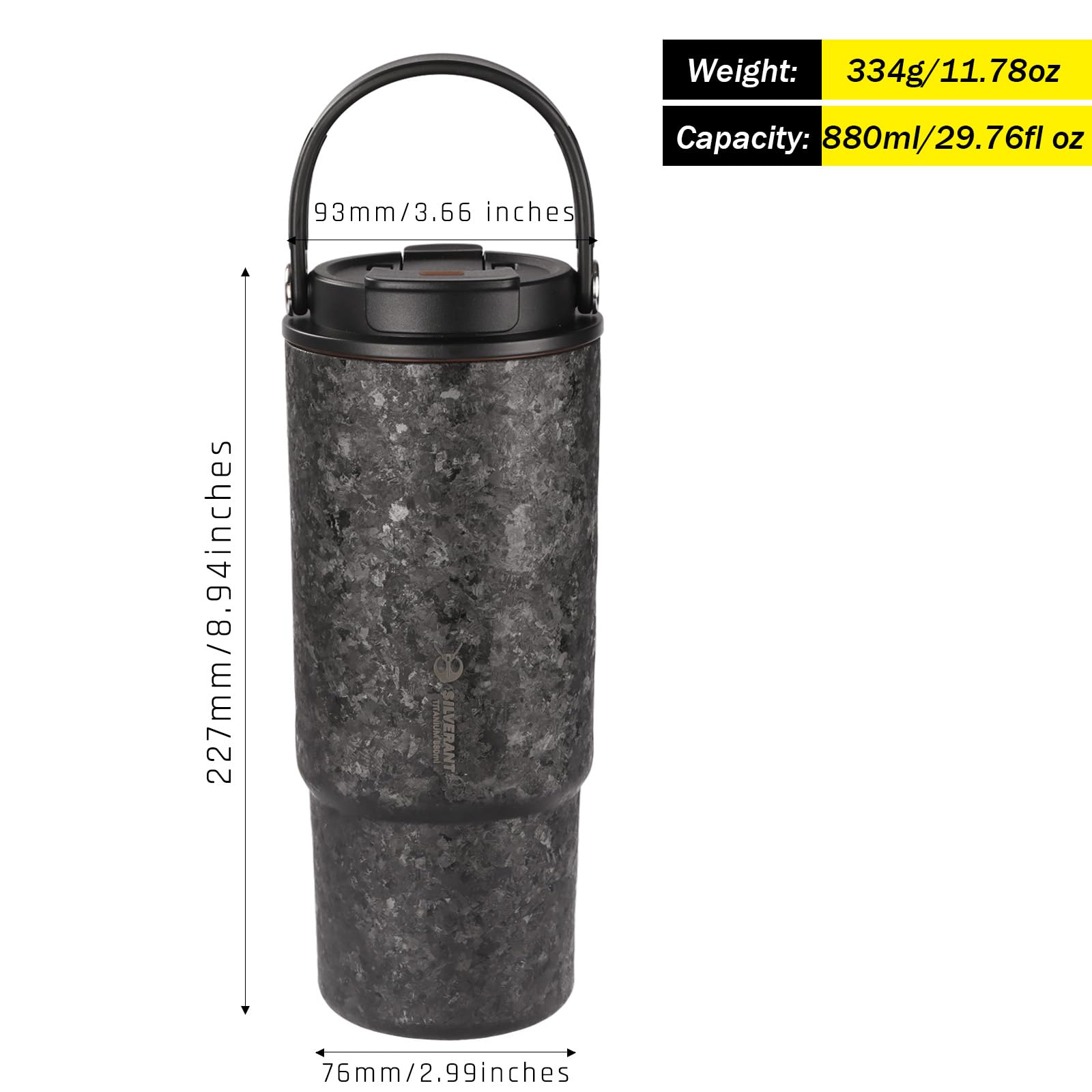 SILVERANT Gobelet isotherme en titane - 880 ml / 29,7 oz avec poignée et double paille intégrée au couvercle - Compatible avec les porte-gobelets de voiture - Noir cristallisé