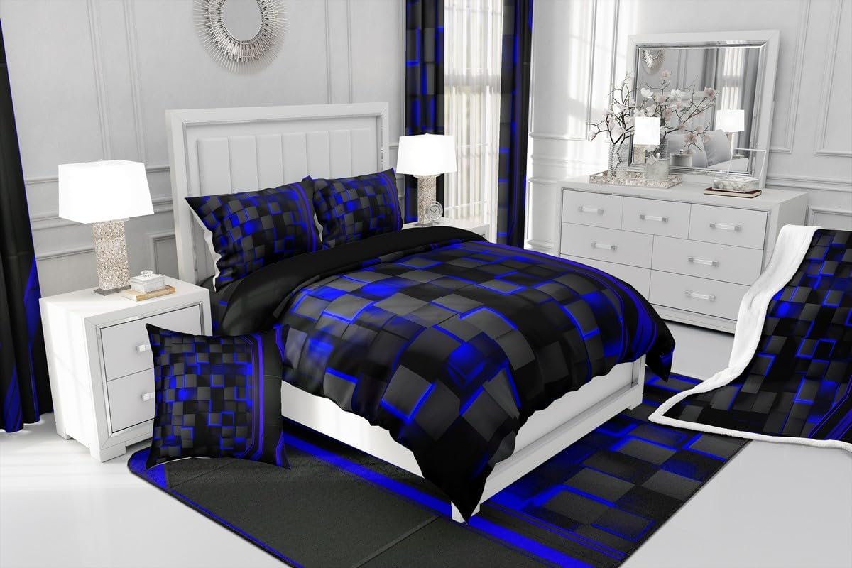 Feelyou Blue Black Comforter Set Bedding Set for Kids Boys Girls Room Decor Geometric Honeycomb Duvet Quilt Queen Size Modern Geometrical 3Pcs