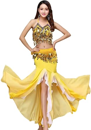 ORIDOOR Womens Belly Dance Dress Belly Crop Top Bra Top and Belt Chiffon Dancing Split Skirt Costume 3-piece Outfit