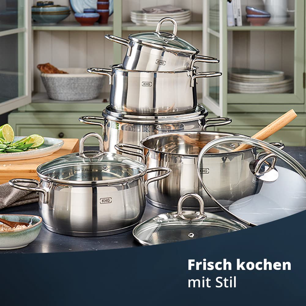 KHG Topfset Induktion aus rostfreiem Edelstahl | 5-teilig inklusive Glasdeckel mit Dampfloch | Kochtöpfe mit 1,5-5 Liter Fassungsvermögen und Innenskalierung