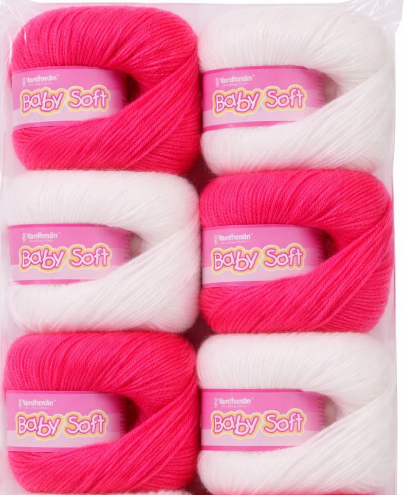 Image of Vardhman BabySoft Knitting Yarn | 100% Acrylic Wool | 4 Ply | Thin Knitting & Crocheting Hook Thread & Lightweight | Special Baby Wool | 150 Grams (6 Balls of 25g) | Machine Washable | Ideal for Blankets, Hats, Booties Ultra-Soft for Baby Sweaters, Blankets, Caps, Socks, Soft toys, Art & craft (Dusky Pink No.75 & White No.18)