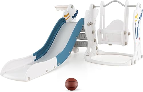 Miniatura 9 de Costzon Juego de tobogán y columpio 4 en 1, cohete para interiores y exteriores, columpio para bebé con tobogán, columpio, escalador, aro de