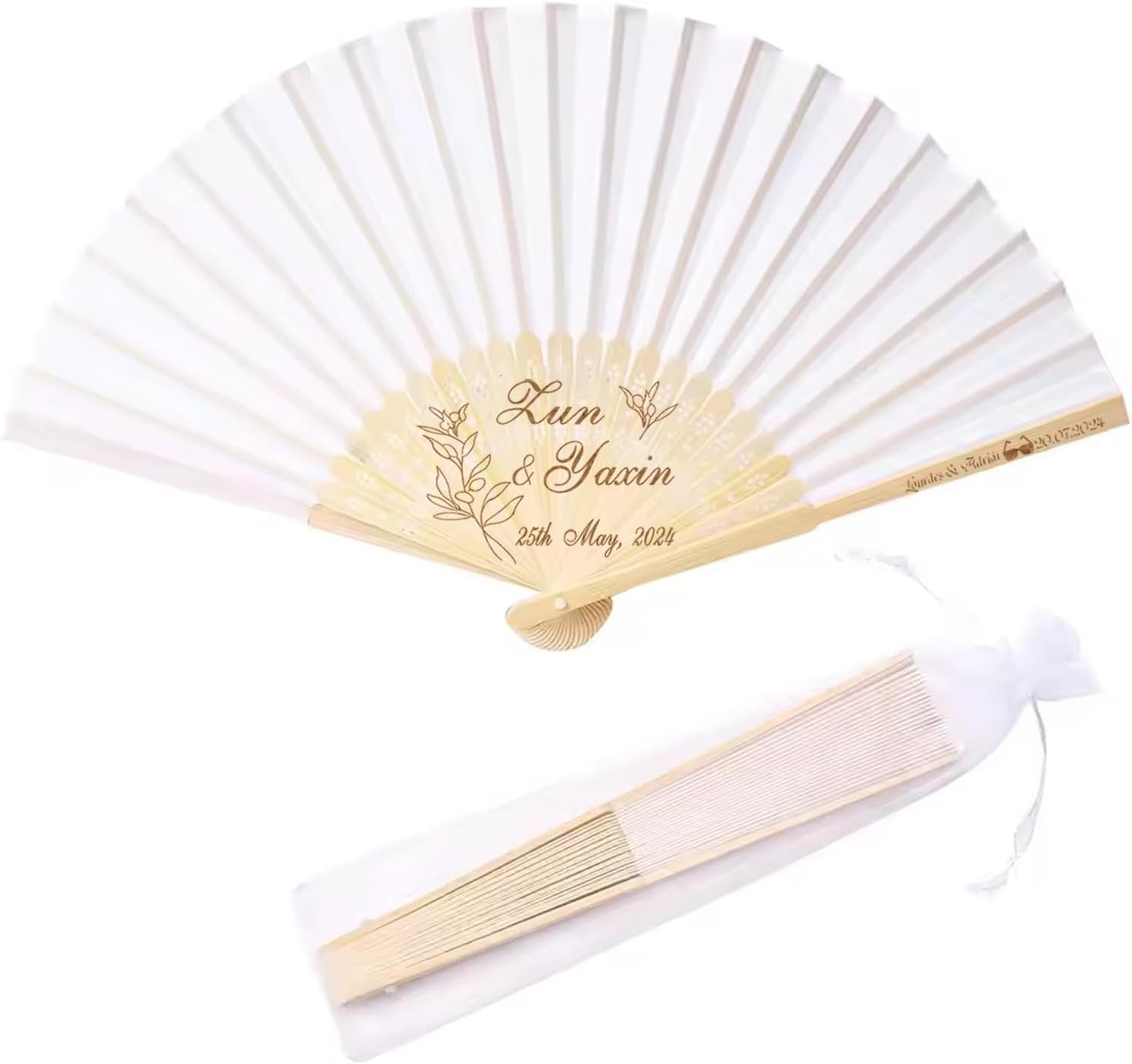 AMBMCCM Personalized Wedding Fan, Custom Engraved Silk Handheld Folding Fans, Come With Organza Bag, Bridal Shower, Baby Christening(Red)