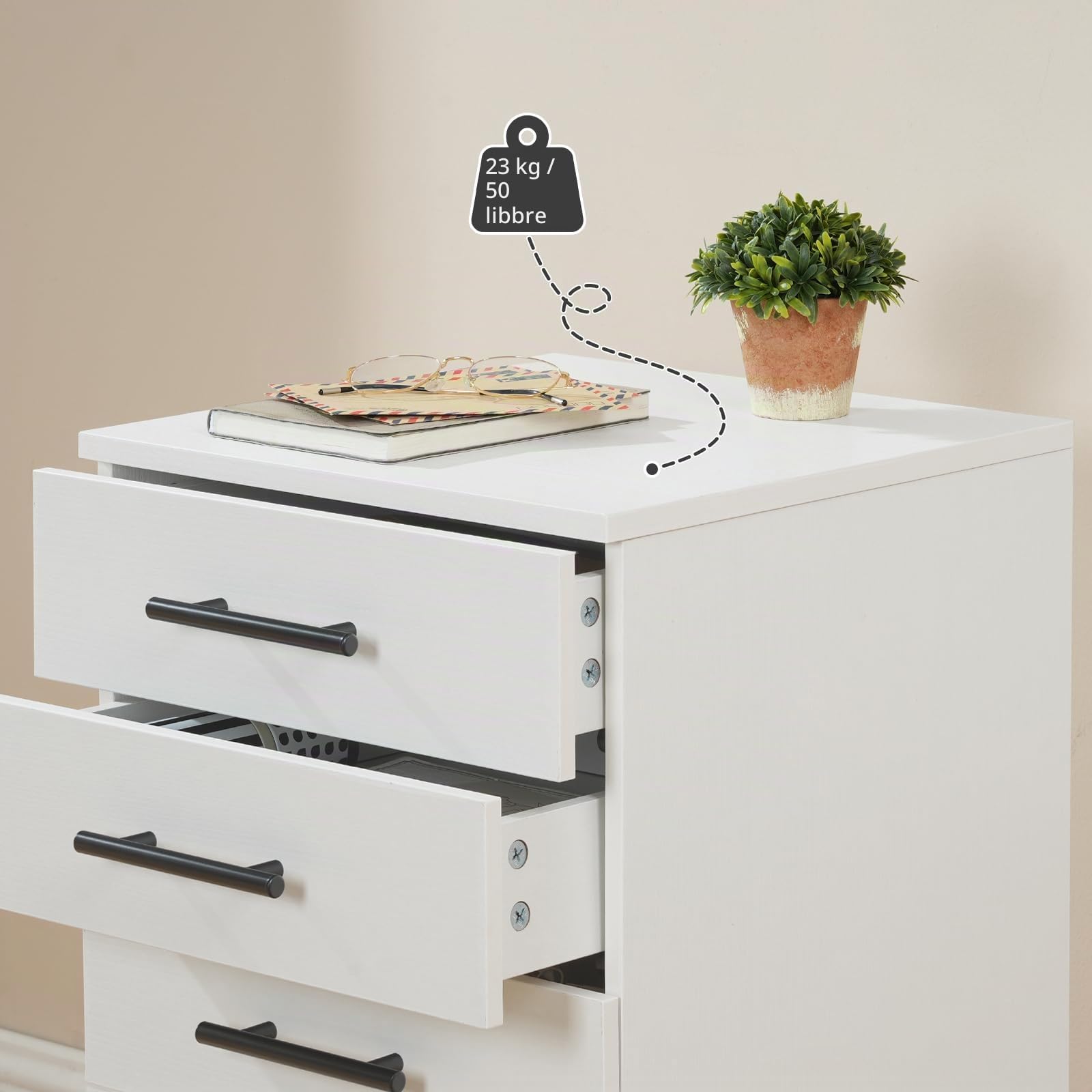 HOOBRO Schedario da Ufficio, Armadietto Portadocumenti, Mobile d'Ufficio a 5 Cassetti, Rotelle Girevoli, Stabile, Bianco EWT05WJ01