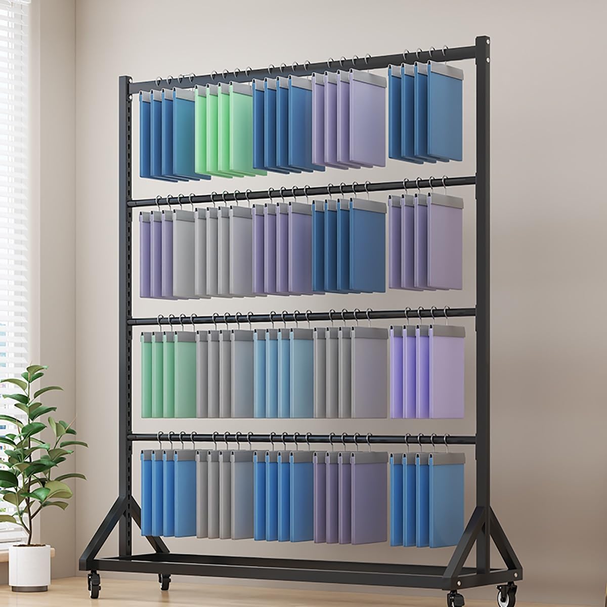 Supporto per rotoli di tessuto commerciale, supporto organizer in acciaio resistente con rulli a 360° e asta di sospensione regolabile, espositore per rotoli di vinile, tovaglie(6T,186cm)