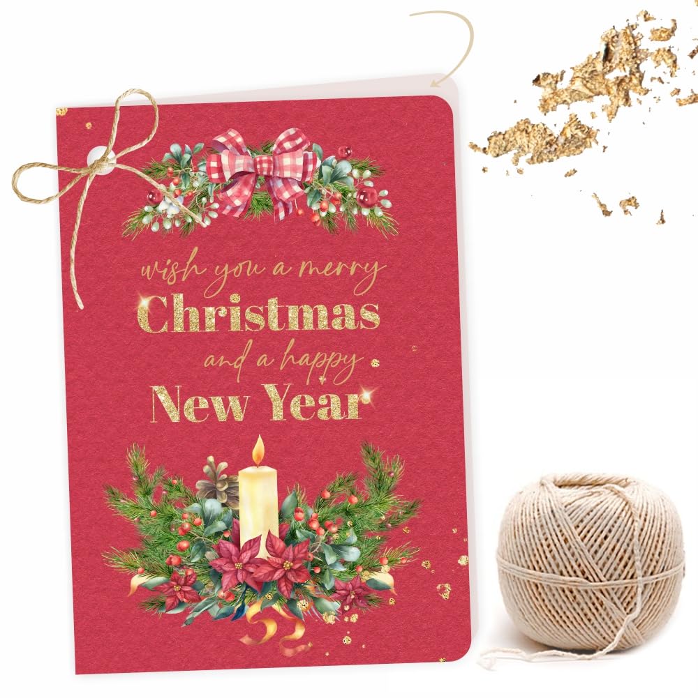 Merry Christmas Happy New Year Greeting Card, Gift Tag. Red handmade paper effect design. Pack of 40. With Jute String. For attaching to Gift Box, Cake Box.