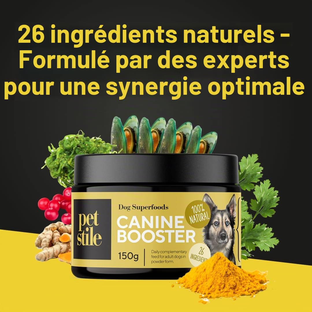 Canine Booster – Complément pour Chiens Adultes avec Moule Verte, Curcuma et probiotiques – Améliore mobilité, Digestion, Peau, Pelage, renforce l’immunité et Plus Encore