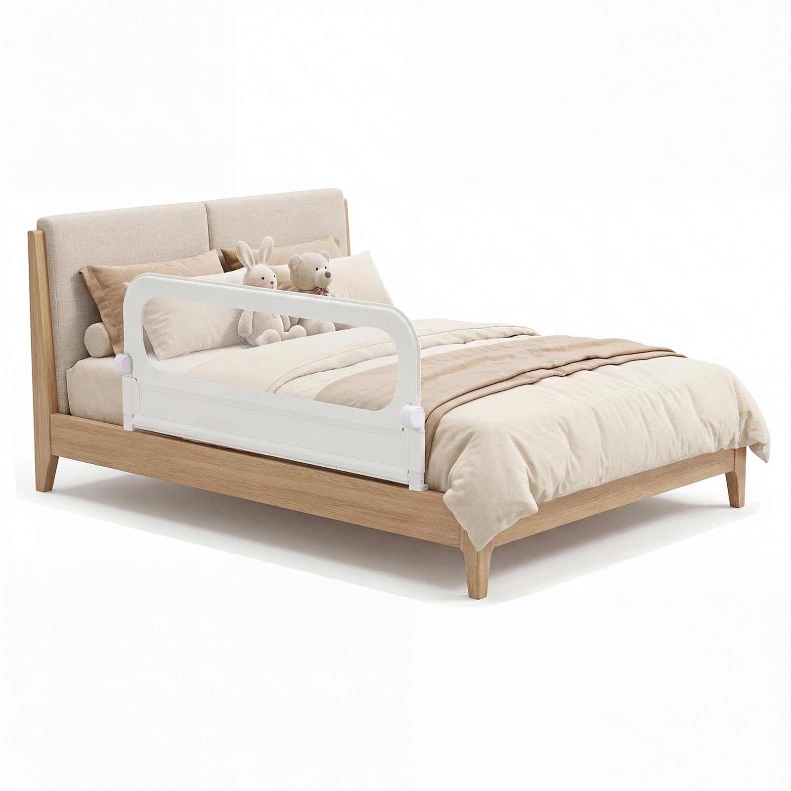 RELAX4LIFE Barrière de Lit Rabattable 120 cm, Barriere de Securite Enfant Lit, Double Verrouillage, Maille Respirante, Base Métallique, Protection Anti-Chute, pour Matelas 10-28 cm d'Épaisseur (Blanc)
