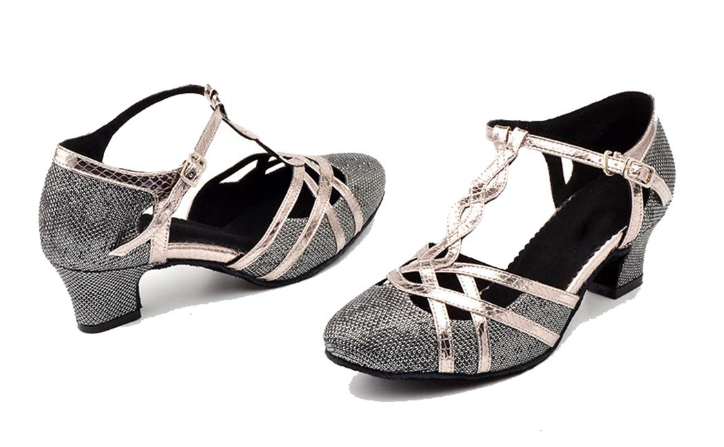 TDA Women's T-Strap Glitter Synthetic Salsa Tango Ballroom Latin Party Dance Shoes 9 Silver Black-5cm Thick Heel
