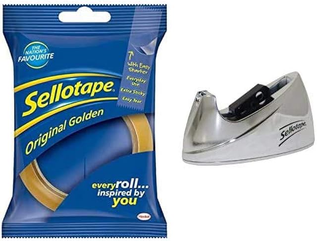 Sellotape Original Golden Sticky Tape including Chrome Tape Dispenser
