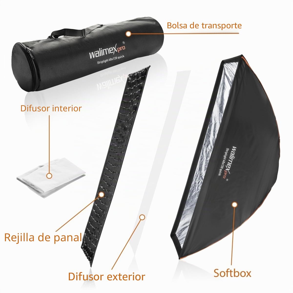 Walimex pro Studio Line Striplight SB QA – Softbox - Superficie 40 x 120 cm, 49,5 cm de Profundidad, Plegable, con Rejilla, difusor Interior y Exterior, Anillo de Velocidad, para Flash de Estudio
