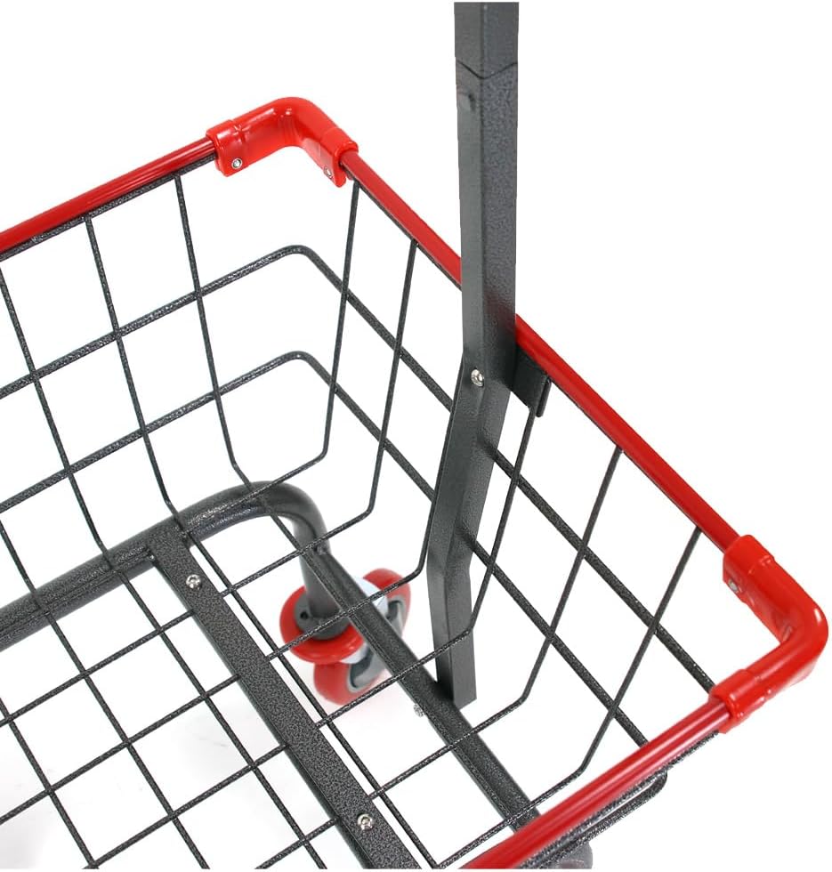 Laundry Cart Grey Powder Coated with Double Pole Rack, 1.5-Bu (Red, Black, Blue Trim) (Red)