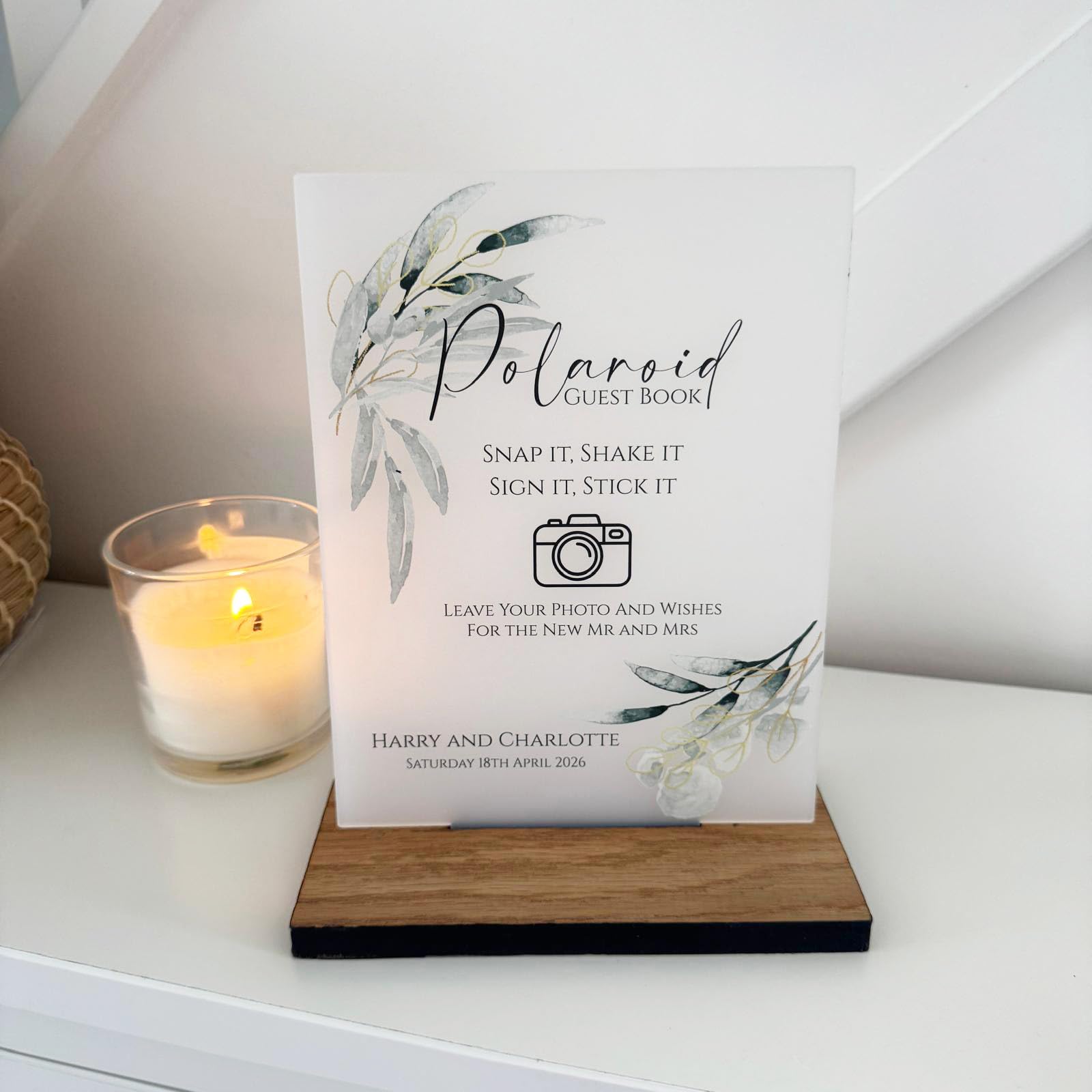 Luck and Luck Personalised Photo Guest Book Sign, Botanical Snap It Shake It Sign It Sign, Photo Guestbook Decoration, Opaque Acrylic Wedding Table Sign