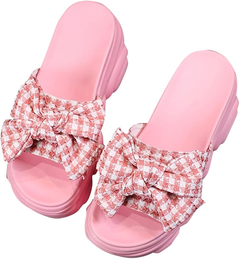 【SALE中】リボン付き厚底ピンクサンダル Amazon | [OIUYUE] 厚底サンダル リボン付き チェック柄