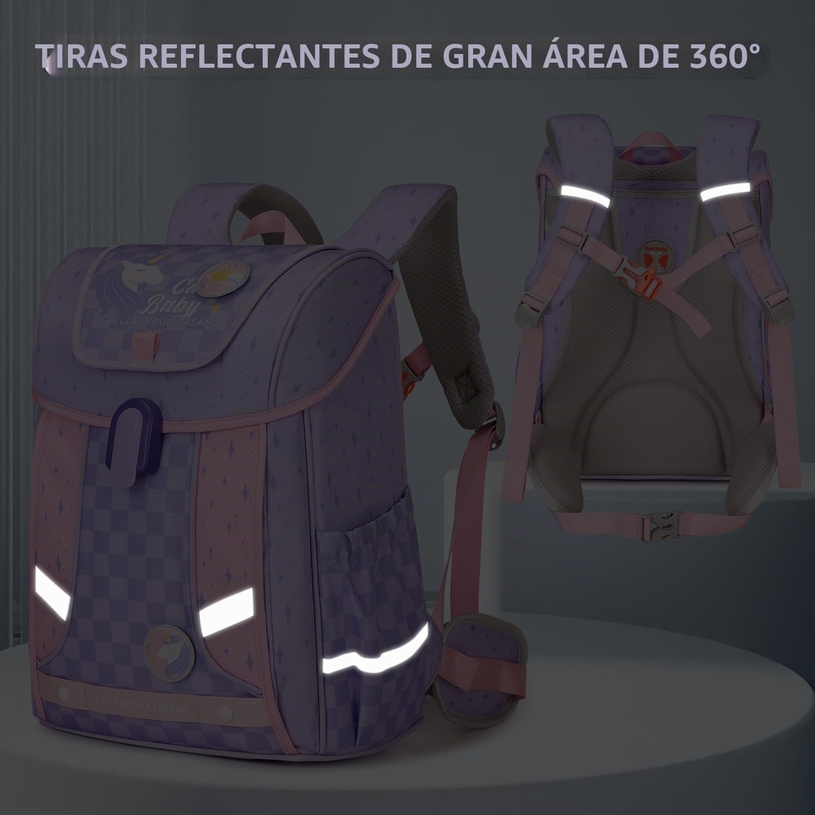 Amythe Mochila Ergonómica Niña 1°-5° Primaria Correa Pecho | Mochila Escolar Niños 6-10 Años Cinturón Desmontable Reflectante 24L Morado