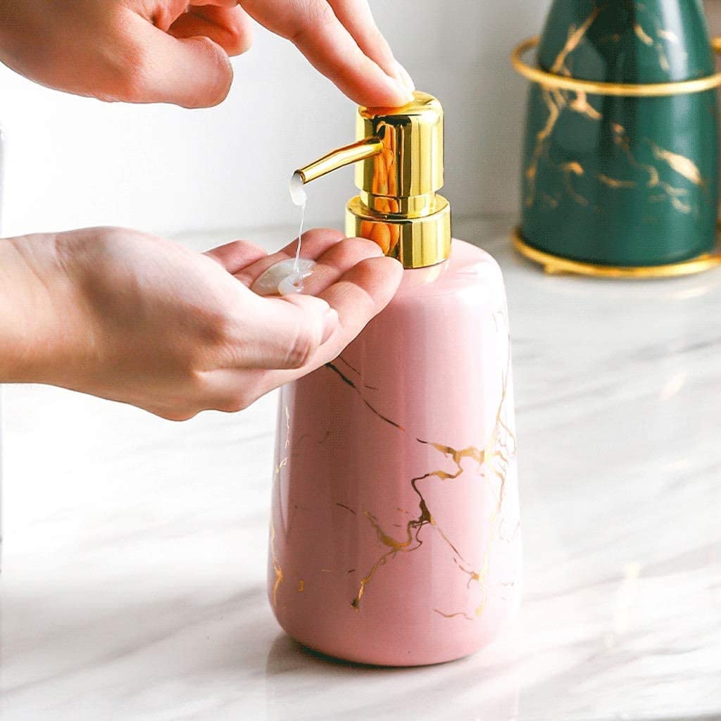 Dispenser di sapone liquido in plastica dorata, confezione da 2 pezzi, con ripiano in acciaio inox, set di dispenser di sapone liquido ricaricabile, per una decorazione elegante del bagno (2