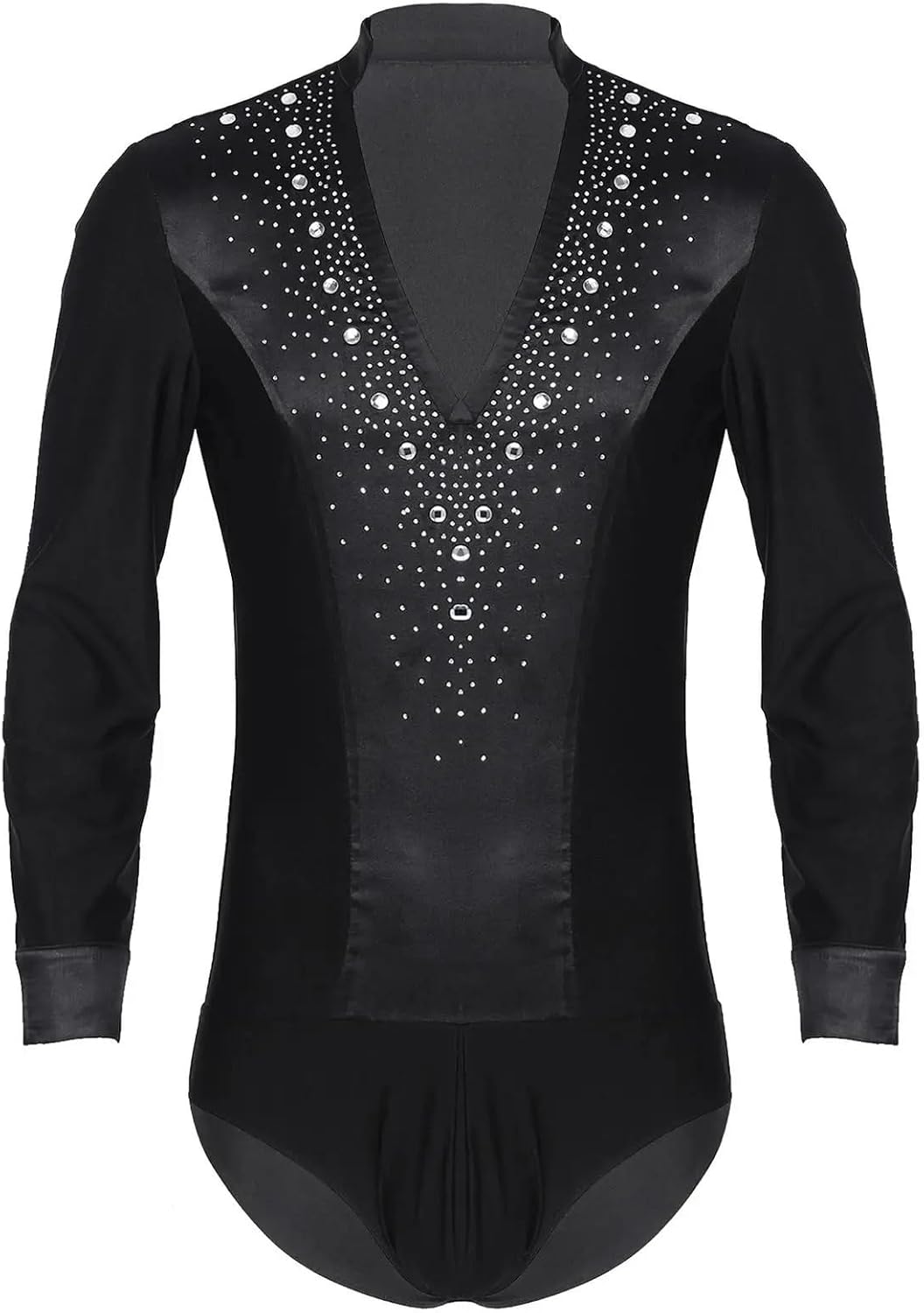 Ballroom Latin Top Men Mens V Neck Latin Dance Leotard Shirt Bodysuit Top Glittery Rhinestones Gymnastics Figure Skating Ballroom Chacha Costume for Performance(Black,M)