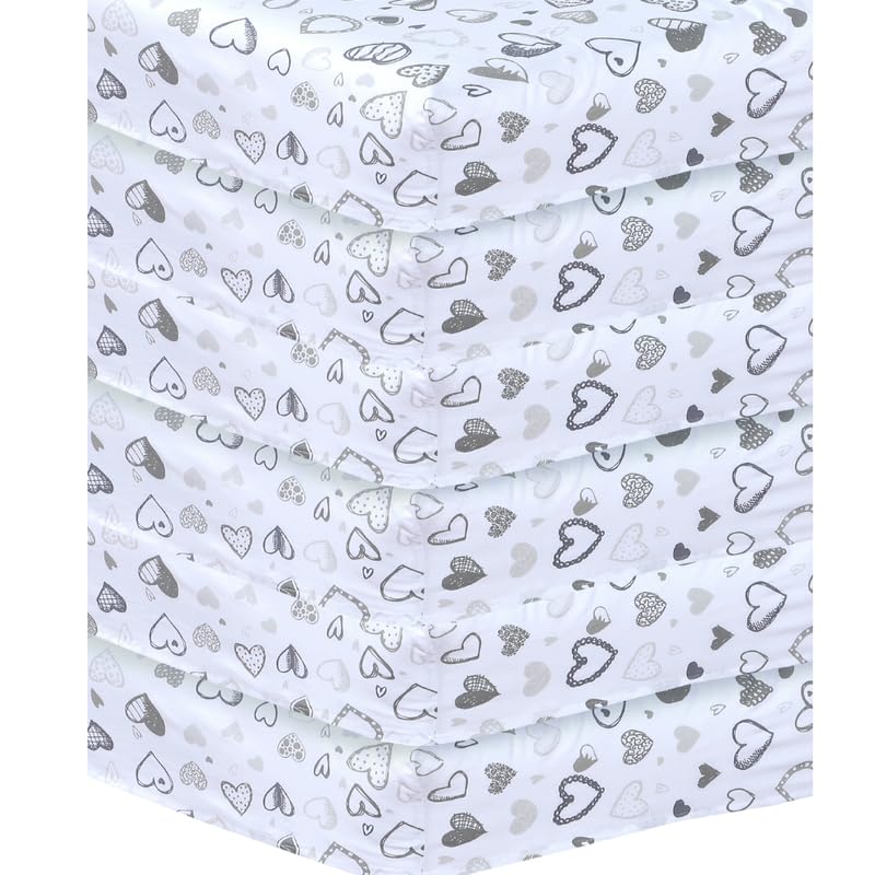 6 x Cot Bed Fitted Sheets, 70 x 150 cm Easy Care Fine Quality Breathable Polycotton Cot Sheet(Tiny Grey Hearts-70 x 140cm)