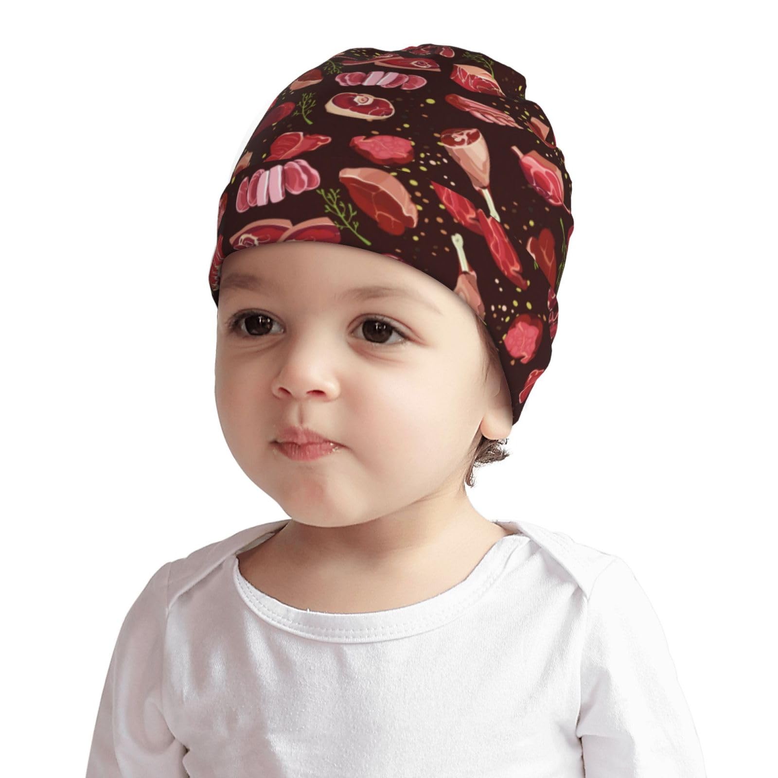 Rqzwdq Steak Pattern Kids Beanie Hats Warm Knit Beanie Cap Skull Caps Gifts Decor for Boys Girls White