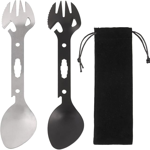 Camping Spork 2PCS, Stainless Steel Fork, Knife, Spoon, Bottle Opener, Tin Opener 8 in 1 Functional Utensil with Cloth Case for Outdoor Hiking Camping Cutlery