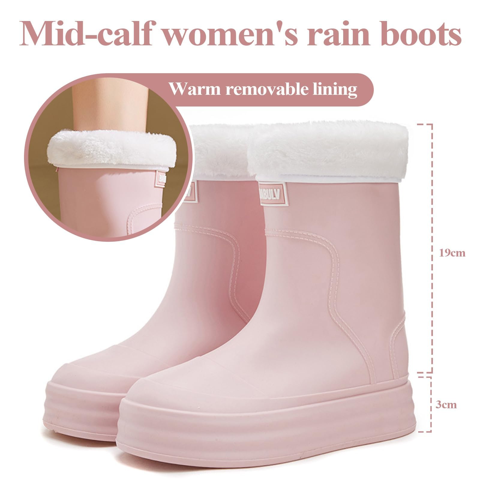 Bottes en caoutchouc mi-hautes pour femme - Polyvalentes - Amovibles - Doublure polaire - Semelle épaisse - Confortables - Antidérapantes - Idéales pour la cuisine - Bottines imperméables et