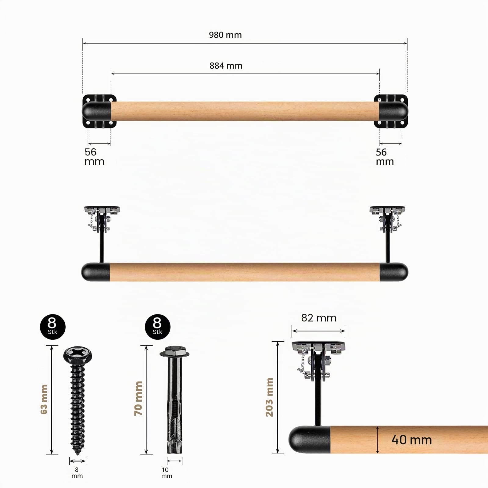 Dolibest Ballettstange Holz, 100-300cm Ballett Stange Kinder Höhenverstellbar Wandmontage Stretching Tanzstange Erwachsene Zuhause Barre Gym Training Ausrüstung mit Metallhalterung, 4cm Durchmesser
