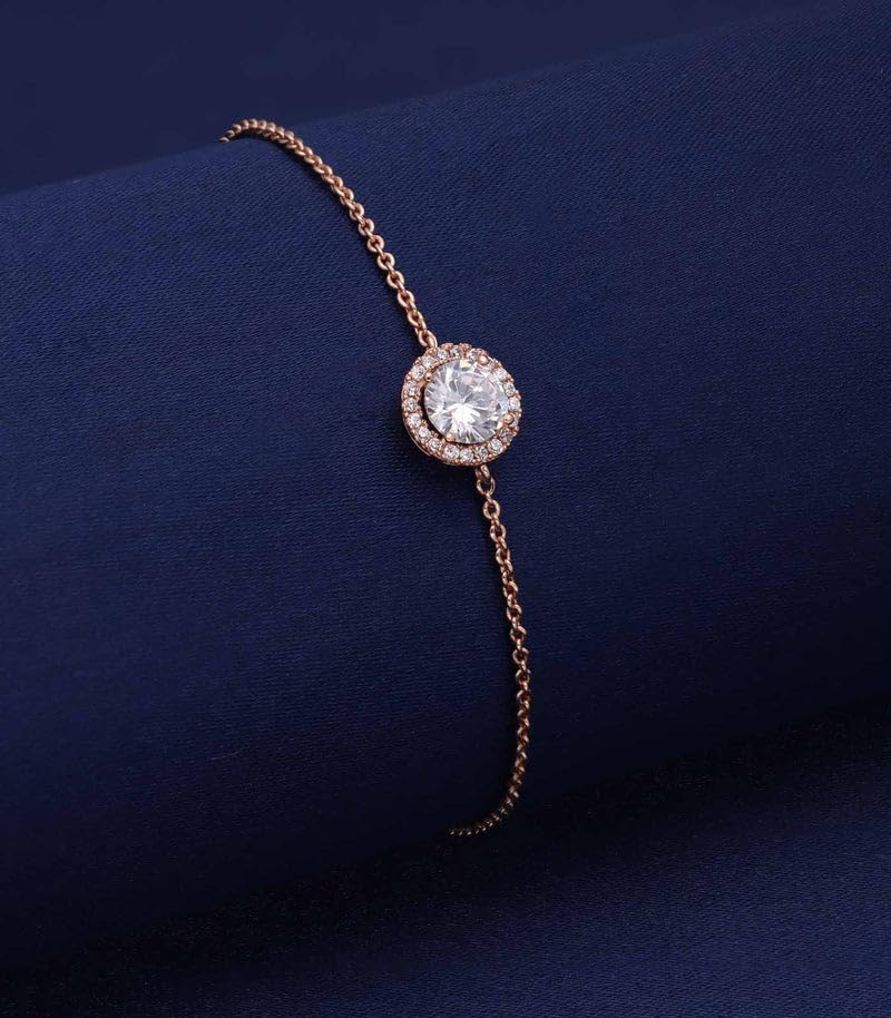 Image of 925 Sterling Silver Round Solitaire Halo Bracelet | Elegant 18k Gold Plated Jewelry for Women, Mother's Day