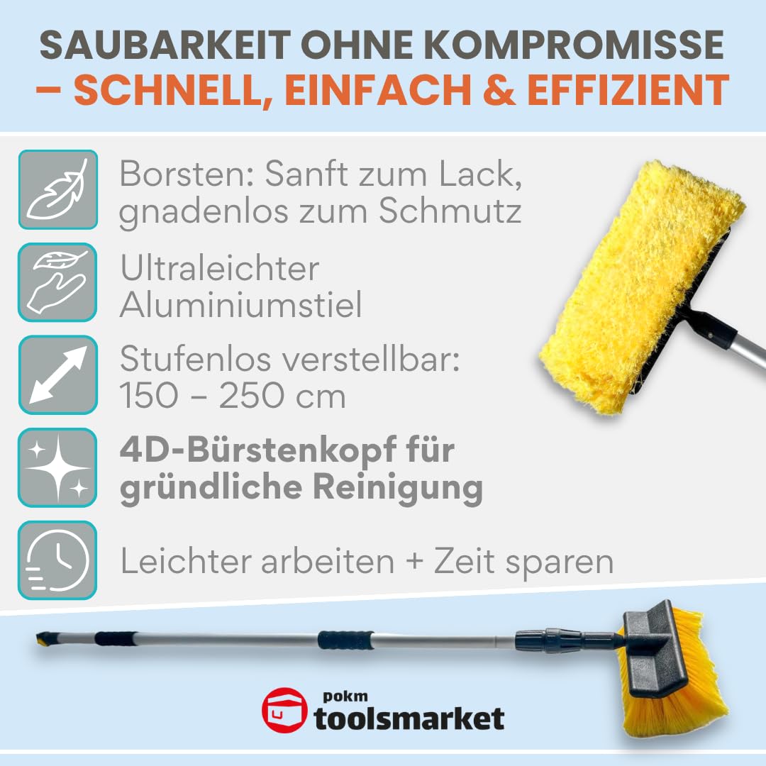 Autowaschbürste XXL mit Teleskopstiel 150-250cm | LKW & PKW Waschbürste | mit Schlauchanschluss | weicher 4D-Kopf 4P