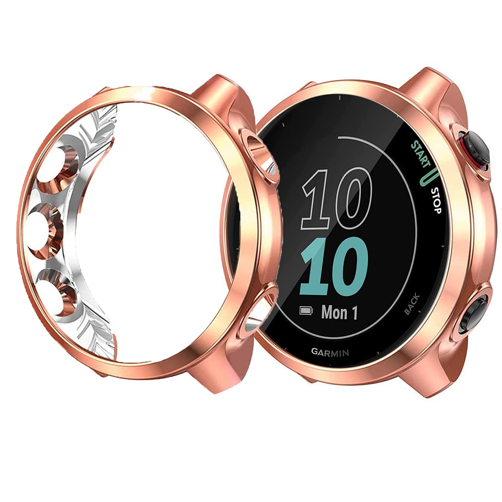 Compatible with Garmin Forerunner 55 Case, Lamshaw Silicone Protective Case Cover Compatible for Garmin Forerunner 55 Smart Watch (3 Pack-Clear+Black+Rose Gold)