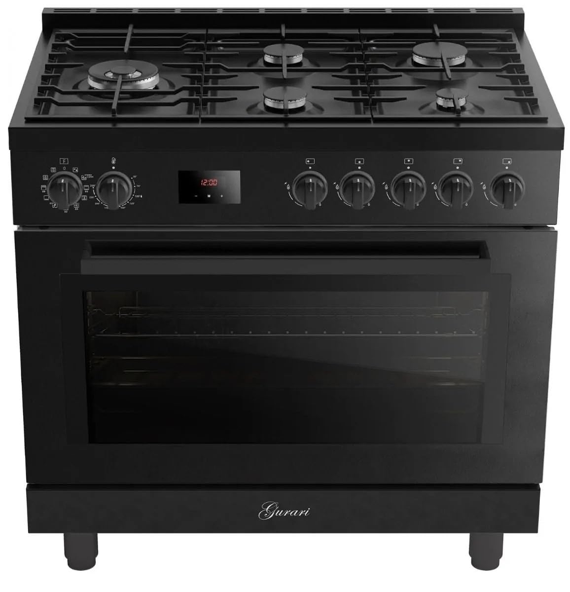 Gurari Cuisinière à gaz 90 cm GCH E 818 BL • Cuisinière électrique à gaz noir • Four XXL 126L avec Air Fry & tournebroche • 5 brûleurs à gaz avec brûleur WOK de 4 kW • Gaz naturel/gaz propane