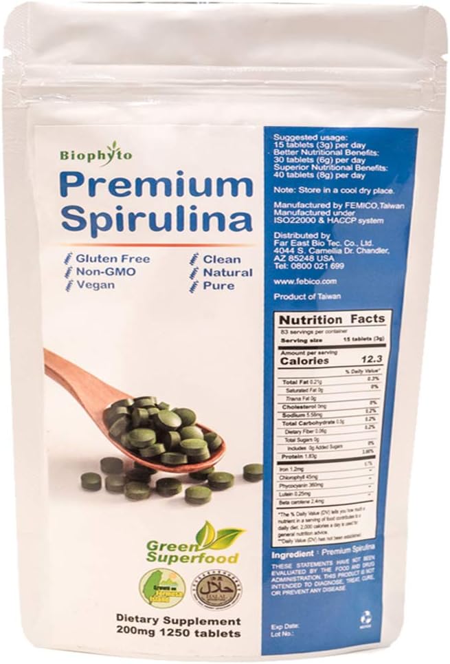 Biophyto Spirulina 200mg - 1250 Tablets -100% Pure-Vegan Green Superfoods, Natural Multivitamins & Minerals- Rich in Phycocyanin-Protein-Antioxidants -Phycocyanin-Non GMO - Energy and Immunity Support