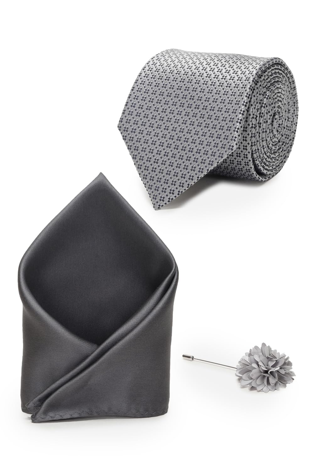 Men Grey Party Tie Pocket Square And Lapel Pin-image-32