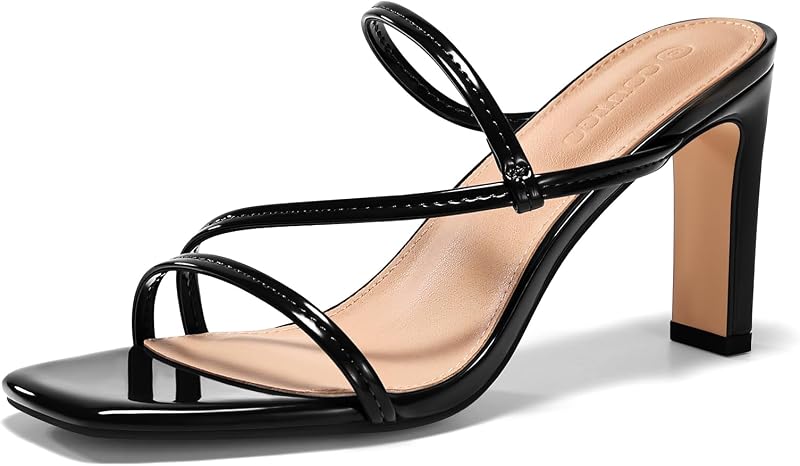 Coutgo Womens Strappy Chunky Heels Sandals Square Open Toe Slide Sandals Slip On Summer Dress Shoes