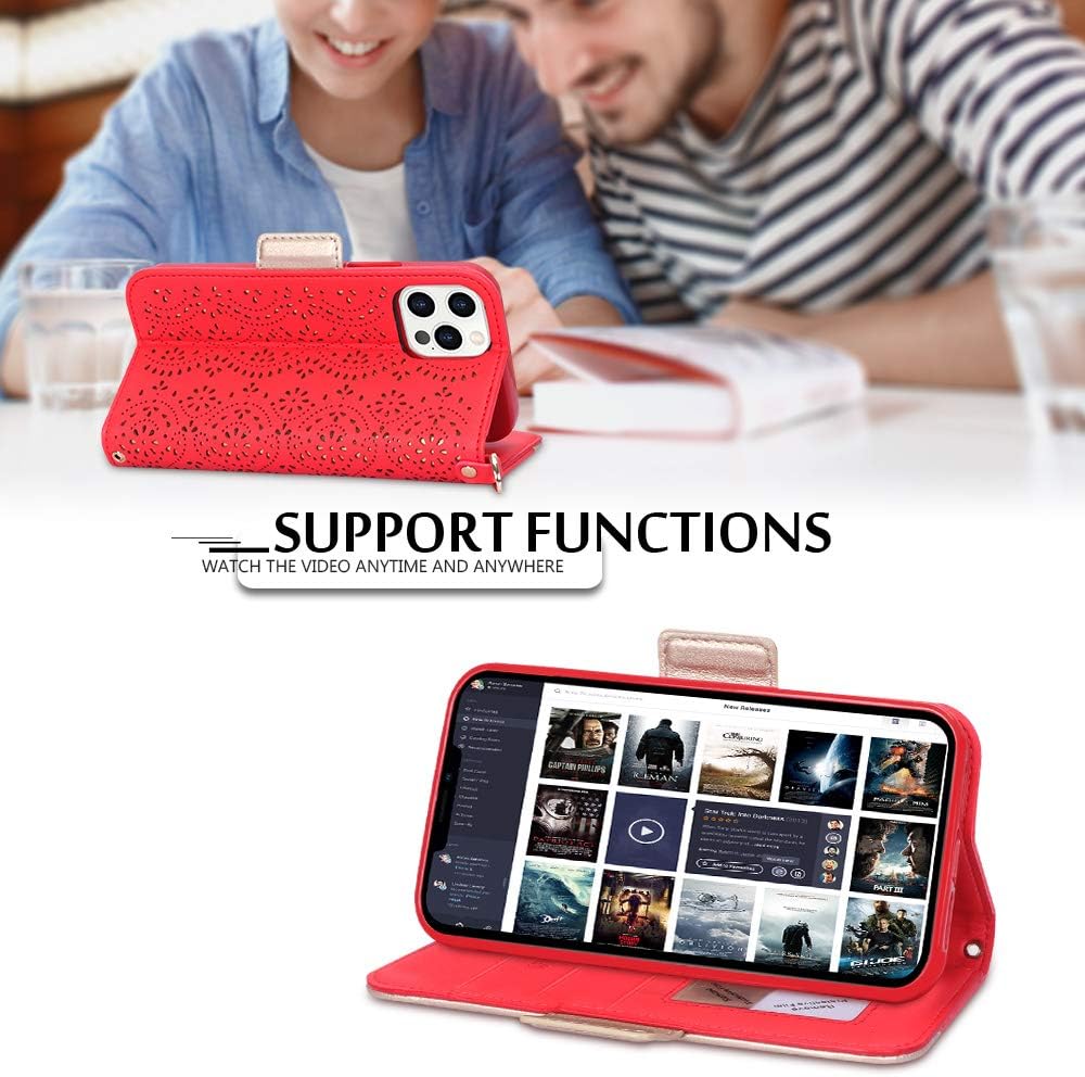 WWW Wallet Case Compatible with iPhone 12 Pro Max (6.7" 2020),[Luxurious Romantic Carved Flower] Leather Wallet Case with [Makeup Mirror] [Card Holder] and [Kickstand Feature] Red
