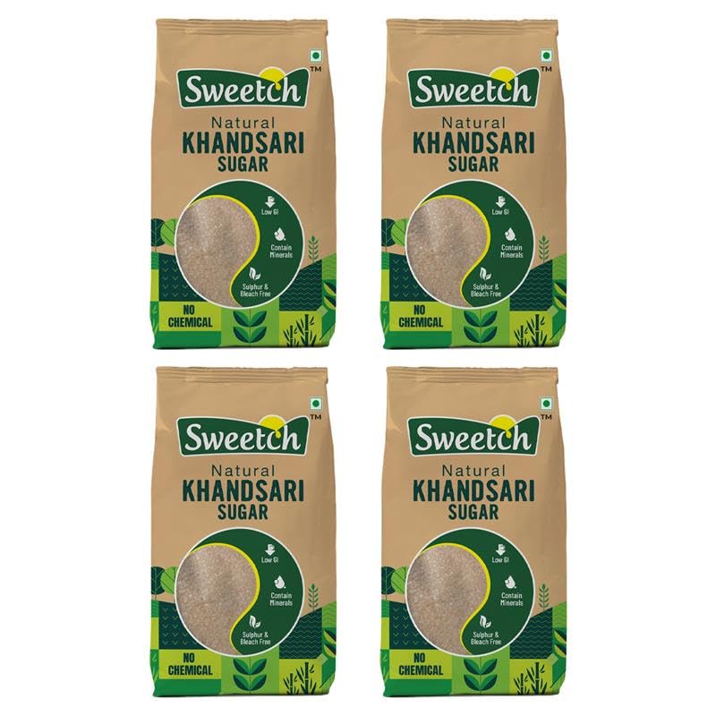 Image of Sweetch Natural Khandsari Sugar 4 kg Desi Khand Sugar, Unprocessed, Low GI, No Chemical, Sulphur & Bleach Free | Healthy for Baking & Cooking, Refine Sugar Replacement (1 kg x Pack of 4)