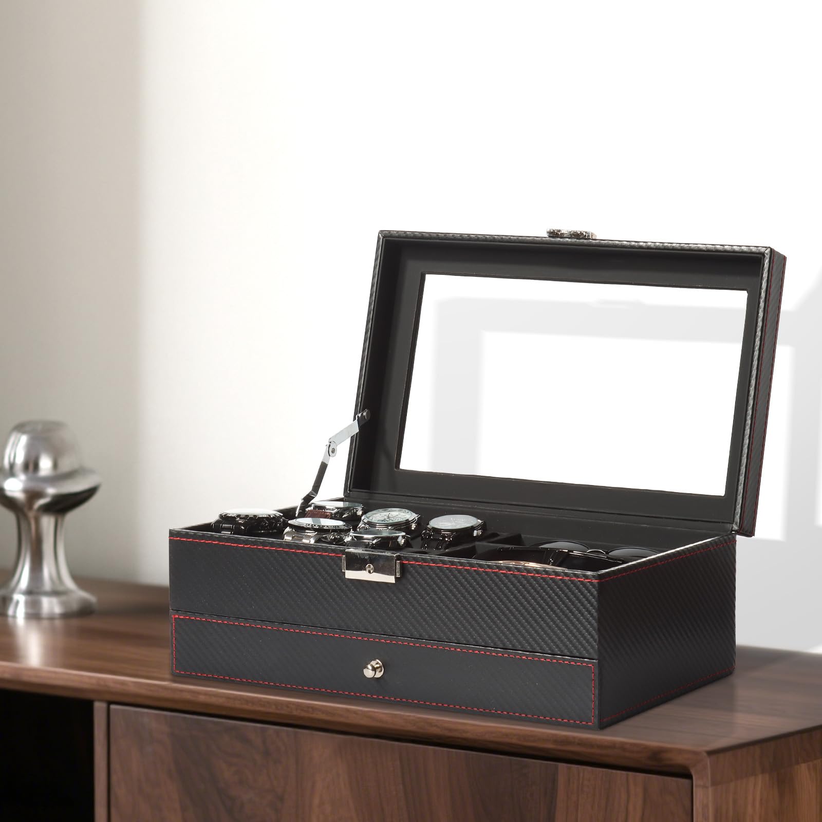 Boite a Bijoux Homme, Rangement Montres et Lunettes avec Grand Couvercle en Verre, 6 Emplacements et 2 Niveaux, Coffret Montre, Boîte à Montres avec Serrure, boite a montre homme, Idée Cadeau -Noir