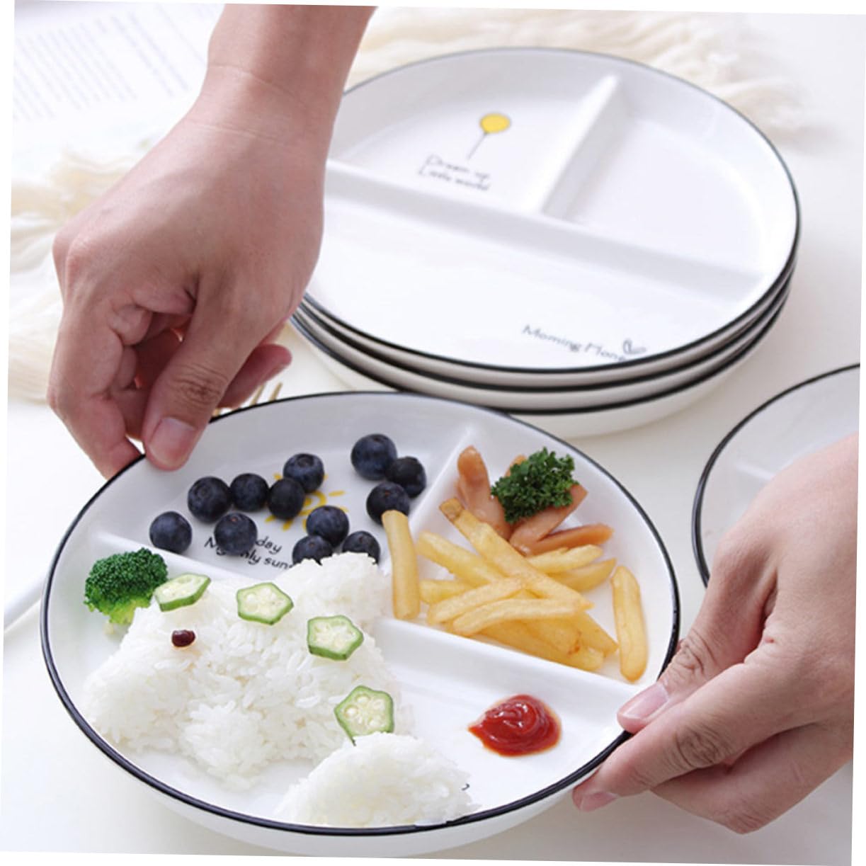 Assiette Compartimentée à 3 Compartiments en Céramique, Lot de 2