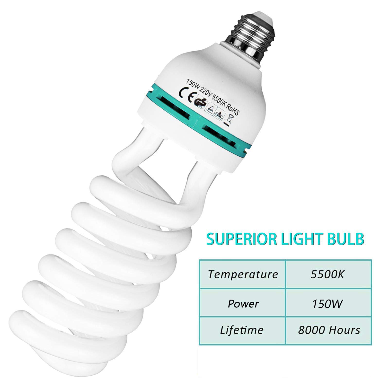 Kit di luci fisse per studio fotografico, con 3 lampade da 150 W, 5500 K, supporto per luce, attacco E27 e paralume per fotografia di prodotti, fotocamera, foto alla moda, YouTube, video
